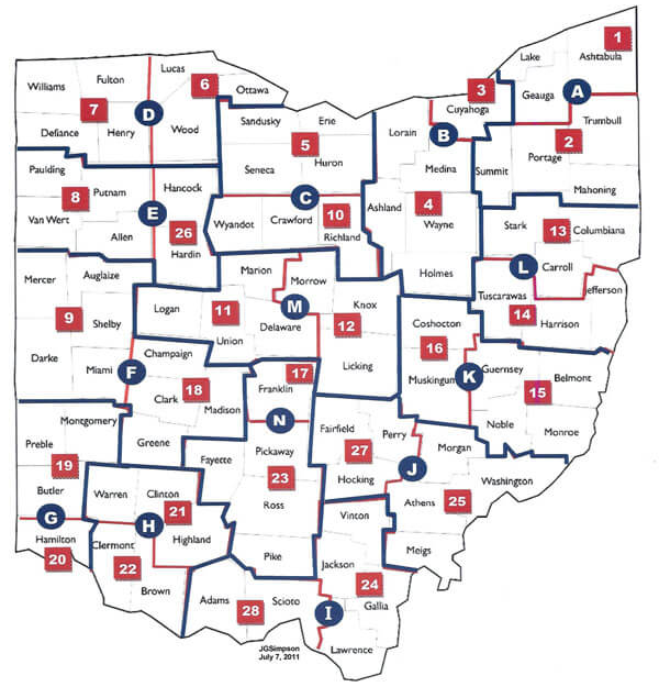 Ohio counties organized into 28 Eastern Star districts and 14 regions. Use the numbered buttons to filter chapters.
